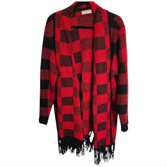 Ruff Hewn 3X Red Black Buffalo Plaid Open Front Cardigan with Fringe - Picture 1 of 4